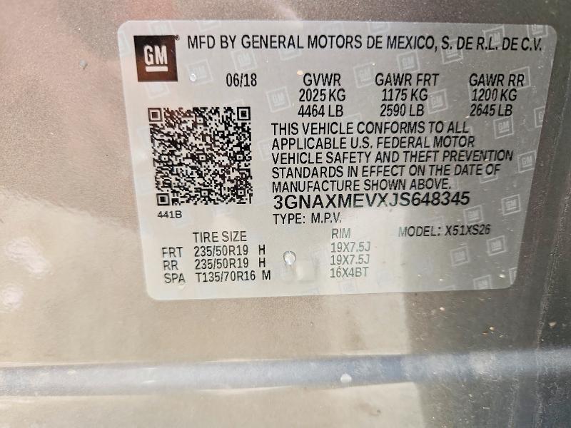 2018 Chevrolet Equinox მანქანა იყიდება აუქციონზე, vin: 3GNAXMEVXJS648345, აუქციონის ნომერი: 55138006