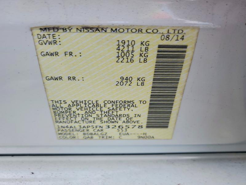 2015 Nissan Altima მანქანა იყიდება აუქციონზე, vin: 1N4AL3AP5FN326578, აუქციონის ნომერი: 52059946
