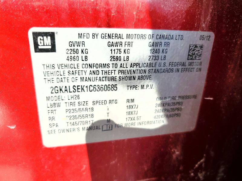 Aukcja sprzedaży 2012 Gmc Terrain, vin: 2GKALSEK1C6360685, numer aukcji: 53997686