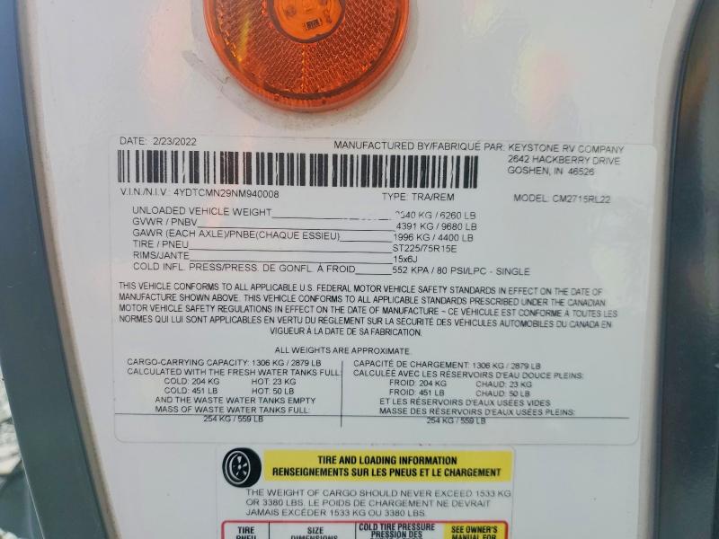 Продаж на аукціоні авто 2022 Keystone Coleman, vin: 4YDTCMN29NM940008, номер лоту: 52689486