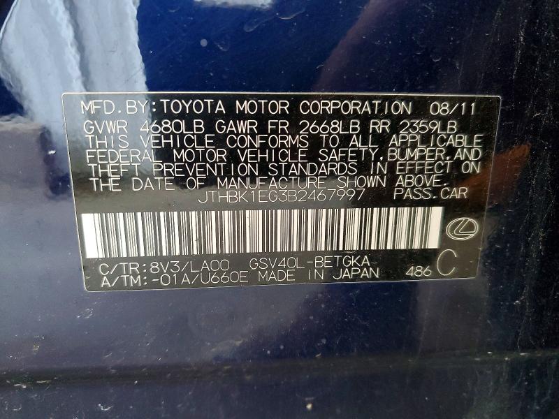 53607496 :رقم المزاد ، JTHBK1EG3B2467997 vin ، 2011 Lexus Es مزاد بيع