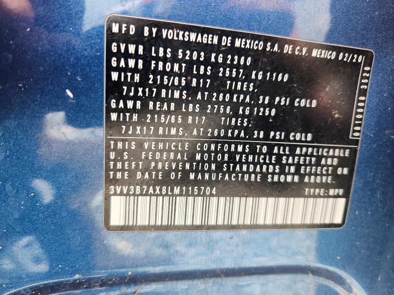 55173606 :رقم المزاد ، 3VV3B7AX8LM115704 vin ، 2020 Volkswagen Tiguan مزاد بيع