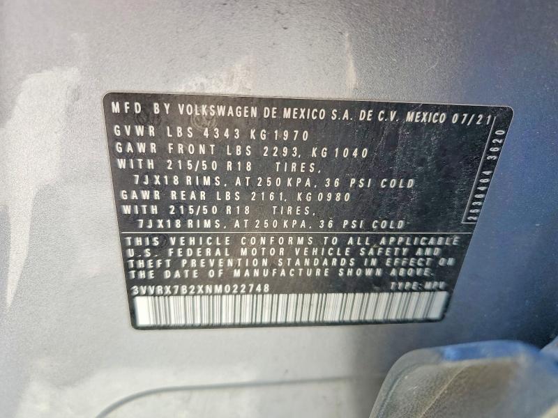 54251756 :رقم المزاد ، 3VVRX7B2XNM022748 vin ، 2022 Volkswagen Taos مزاد بيع