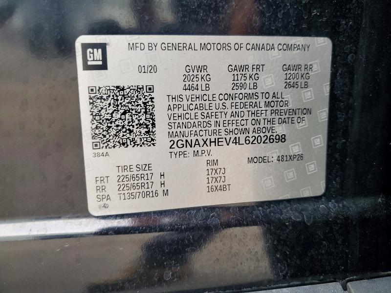 52948116 :رقم المزاد ، 2GNAXHEV4L6202698 vin ، 2020 Chevrolet Equinox مزاد بيع