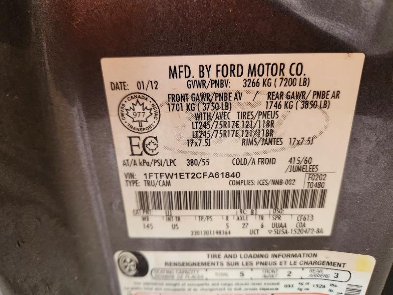 54715586 :رقم المزاد ، 1FTFW1ET2CFA61840 vin ، 2012 Ford F150 مزاد بيع