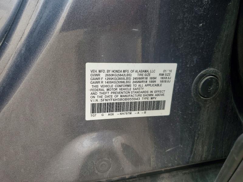 Продаж на аукціоні авто 2016 Honda Pilot, vin: 5FNYF6H58GB055943, номер лоту: 53008936