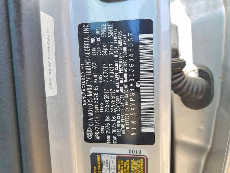 2018 Kia Sorento მანქანა იყიდება აუქციონზე, vin: 5XYPG4A31JG345057, აუქციონის ნომერი: 52091756