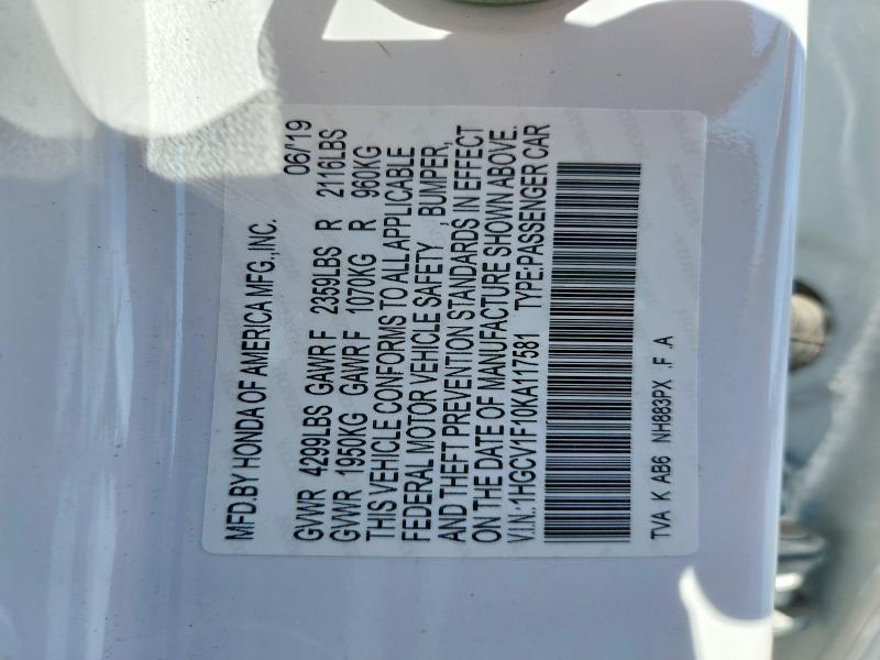 2019 Honda Accord მანქანა იყიდება აუქციონზე, vin: 1HGCV1F10KA117581, აუქციონის ნომერი: 53373936