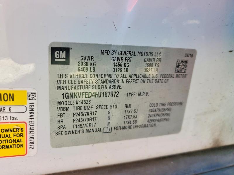 Продаж на аукціоні авто 2017 Chev Traverse, vin: 1GNKVFED4HJ167872, номер лоту: 51844006