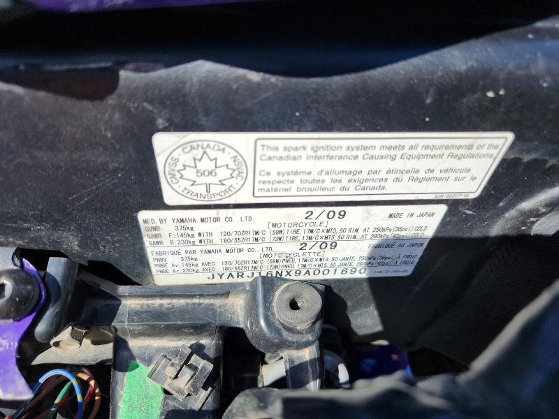 2009 Yamaha Yzfr6 მანქანა იყიდება აუქციონზე, vin: JYARJ16NX9A001690, აუქციონის ნომერი: 53750306