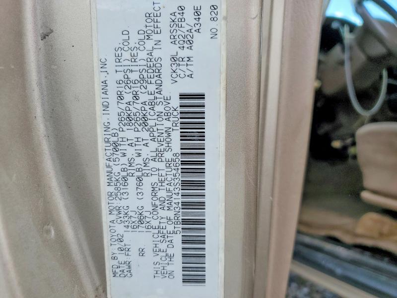 2003 Toyota Tundra მანქანა იყიდება აუქციონზე, vin: 5TBRN34143S354658, აუქციონის ნომერი: 53515896