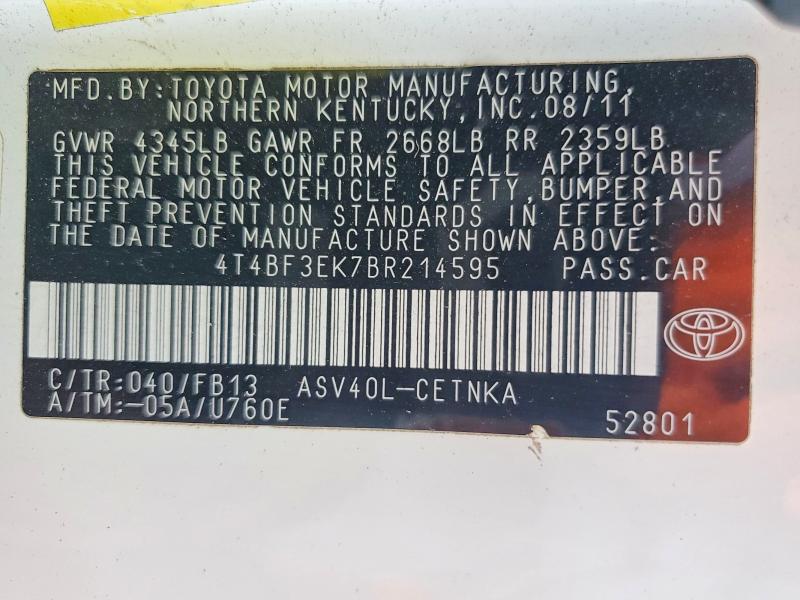 2011 Toyota Camry მანქანა იყიდება აუქციონზე, vin: 4T4BF3EK7BR214595, აუქციონის ნომერი: 54711066