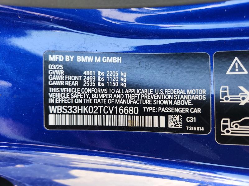 53557986 :رقم المزاد ، WBS33HK02TCV16680 vin ، 2026 Bmw M4 مزاد بيع