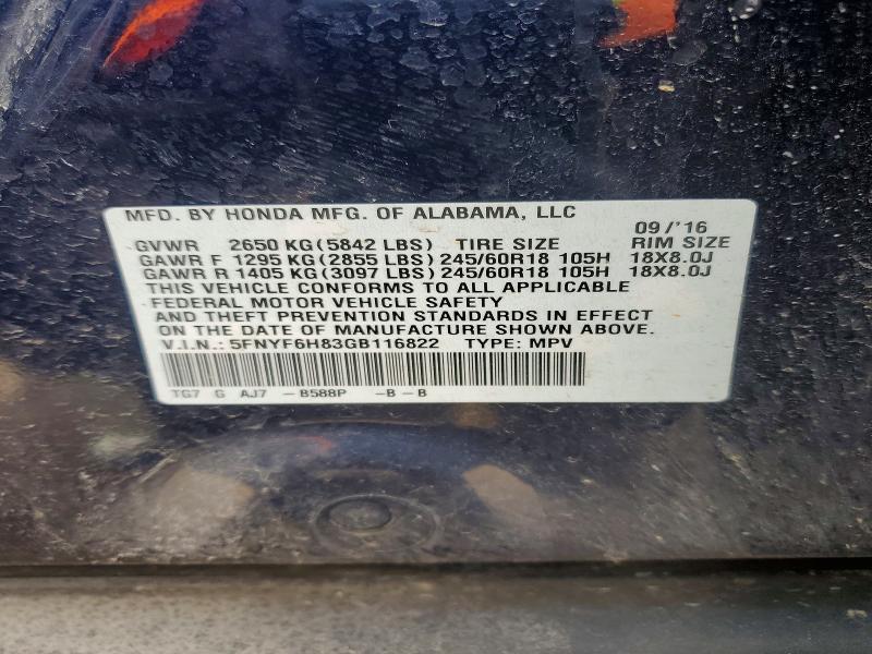 Продажа на аукционе авто 2016 Honda Pilot, vin: 5FNYF6H83GB116822, номер лота: 54672406