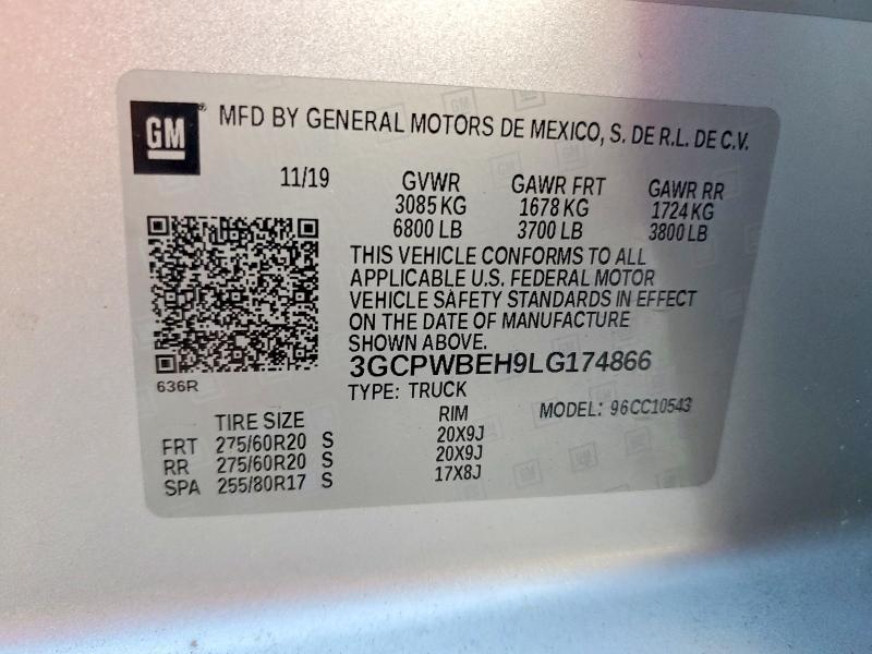 Продаж на аукціоні авто 2020 Chevrolet Silverado, vin: 3GCPWBEH9LG174866, номер лоту: 54140456