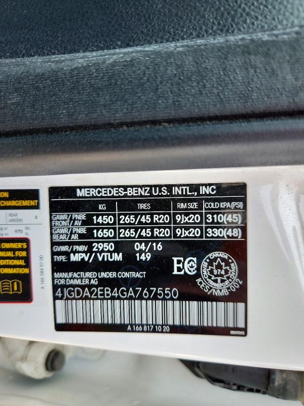 2016 Mercedes-benz Gle მანქანა იყიდება აუქციონზე, vin: 4JGDA2EB4GA767550, აუქციონის ნომერი: 53268286