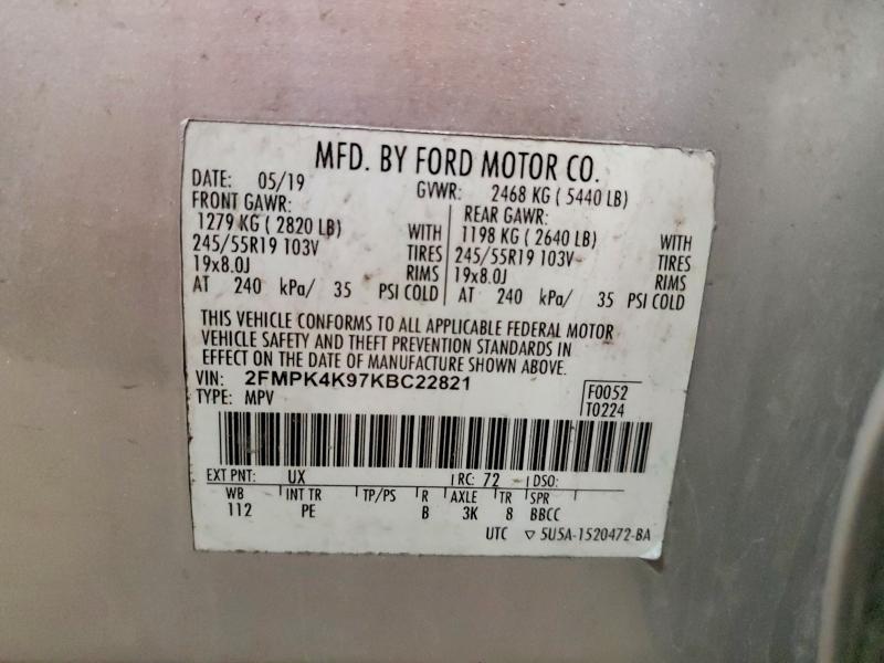 2019 Ford Edge მანქანა იყიდება აუქციონზე, vin: 2FMPK4K97KBC22821, აუქციონის ნომერი: 54315496