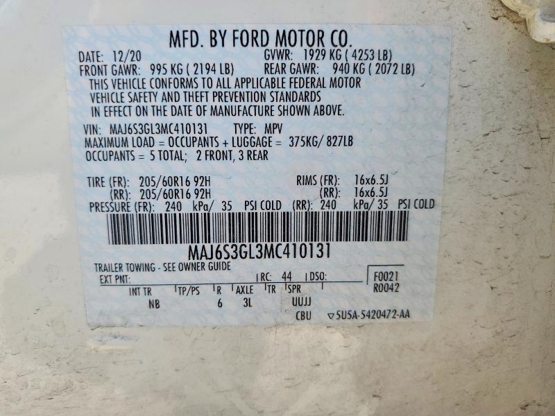 2021 Ford Ecosport მანქანა იყიდება აუქციონზე, vin: MAJ6S3GL3MC410131, აუქციონის ნომერი: 53991276