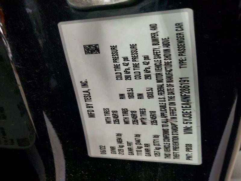 Aukcja sprzedaży 2022 Tesla Model 3, vin: 5YJ3E1EA4NF286191, numer aukcji: 54796566