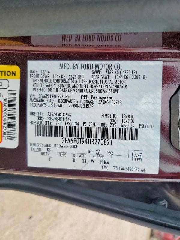 Aukcja sprzedaży 2017 Ford Fusion, vin: 3FA6P0T94HR270821, numer aukcji: 53032386