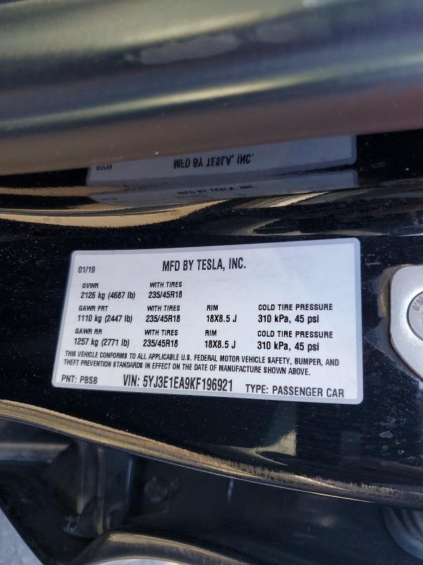 Aukcja sprzedaży 2019 Tesla Model 3, vin: 5YJ3E1EA9KF196921, numer aukcji: 53131476