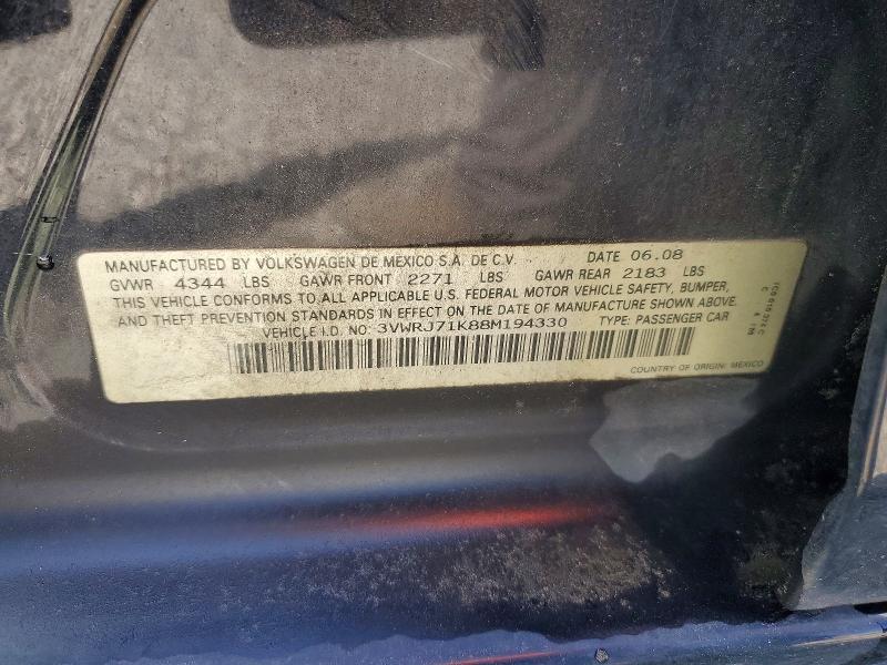 2008 Volkswagen Jetta მანქანა იყიდება აუქციონზე, vin: 3VWRJ71K88M194330, აუქციონის ნომერი: 54307236