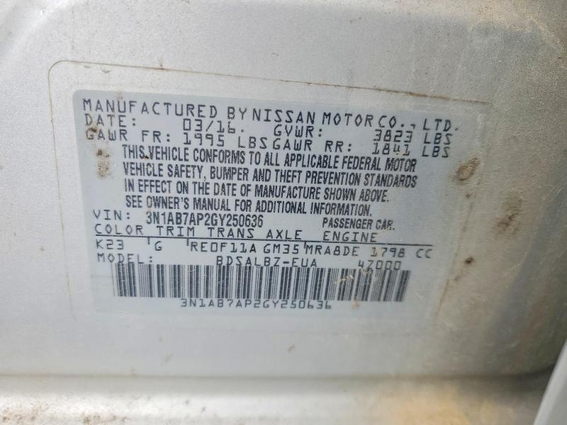 2016 Nissan Sentra მანქანა იყიდება აუქციონზე, vin: 3N1AB7AP2GY250636, აუქციონის ნომერი: 55245466