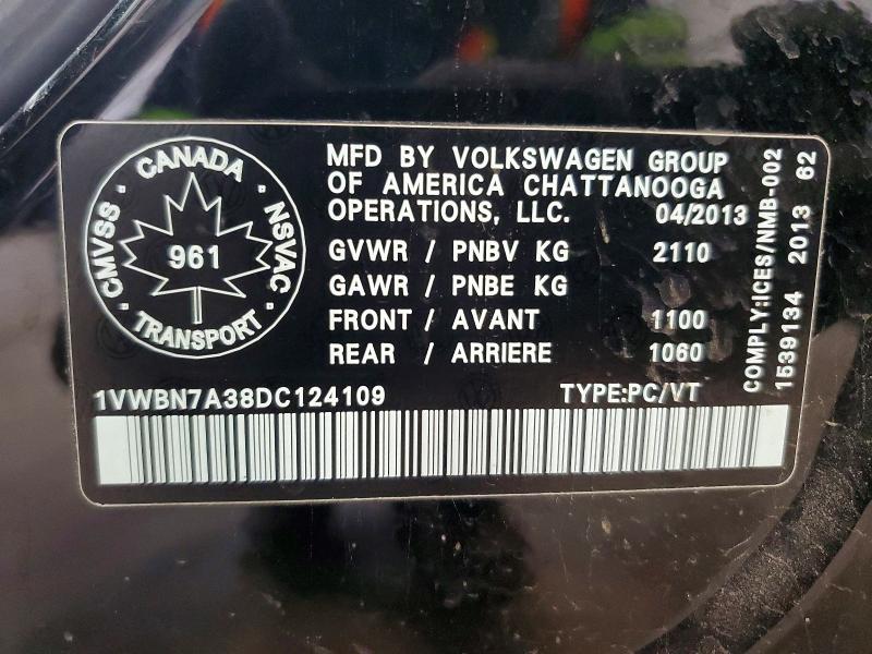 2013 Volkswagen Passat მანქანა იყიდება აუქციონზე, vin: 1VWBN7A38DC124109, აუქციონის ნომერი: 53731216