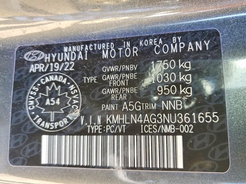 54849816 :رقم المزاد ، KMHLN4AG3NU361655 vin ، 2022 Hyundai Elantra مزاد بيع