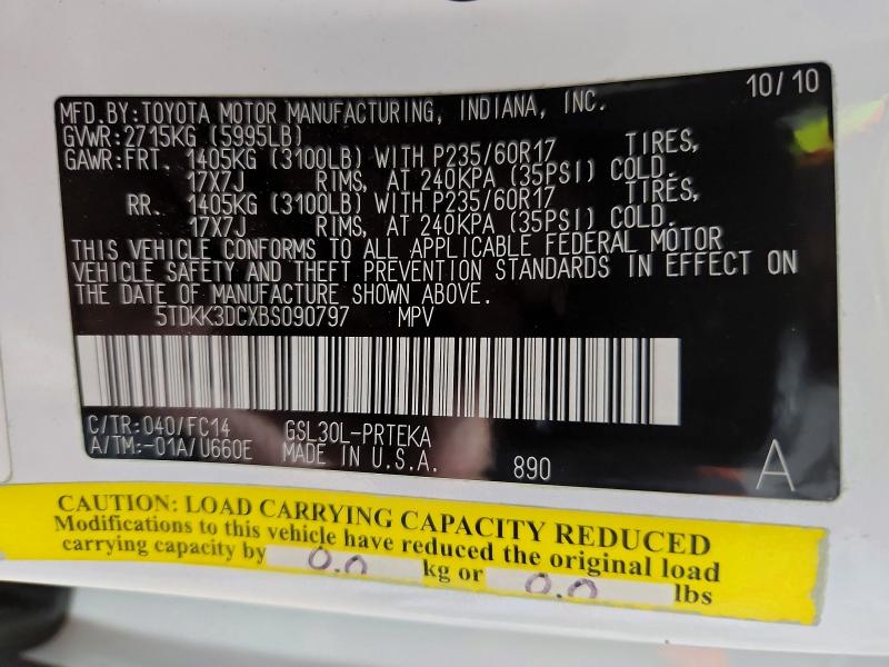53365046 :رقم المزاد ، 5TDKK3DCXBS090797 vin ، 2011 Toyota Sienna مزاد بيع