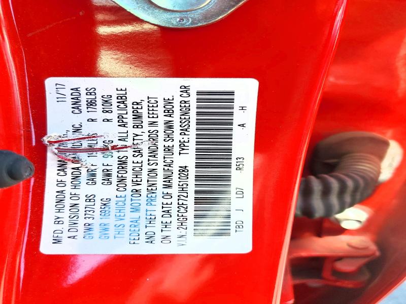 53630256 :رقم المزاد ، 2HGFC2F72JH510284 vin ، 2018 Honda Civic مزاد بيع