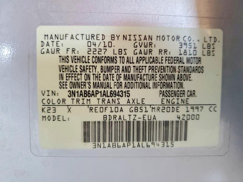 2010 Nissan Sentra მანქანა იყიდება აუქციონზე, vin: 3N1AB6AP1AL694315, აუქციონის ნომერი: 54702706