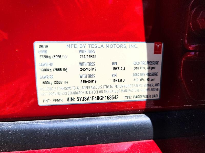 2016 Tesla Model S მანქანა იყიდება აუქციონზე, vin: 5YJSA1E40GF163542, აუქციონის ნომერი: 53158686