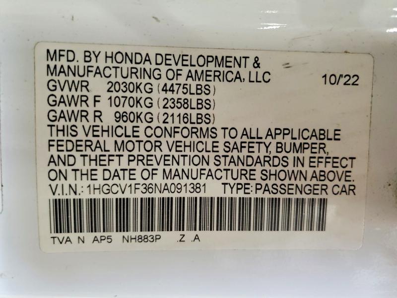 Продажа на аукционе авто 2022 Honda Accord, vin: 1HGCV1F36NA091381, номер лота: 54695336