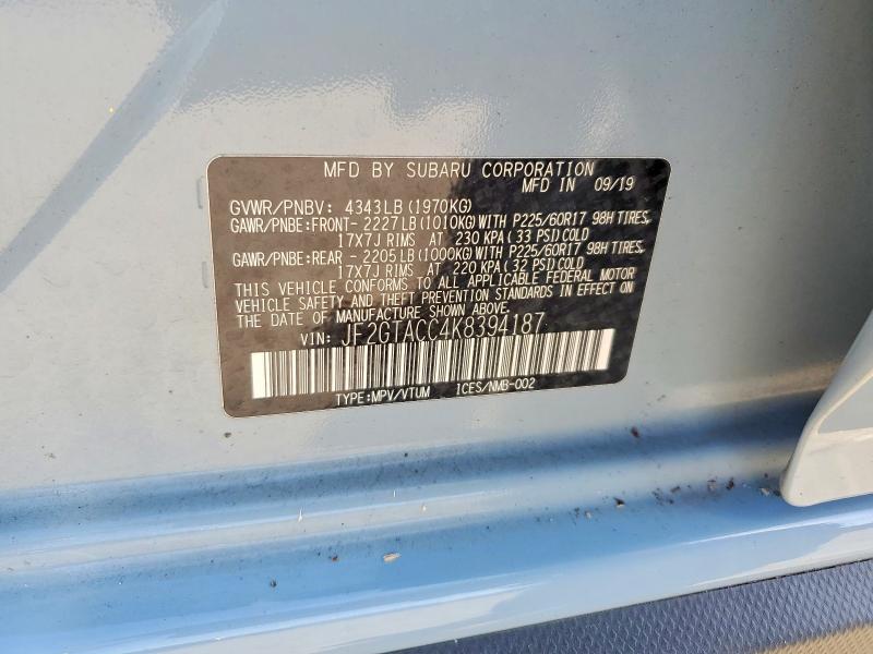 2019 Subaru Crosstrek მანქანა იყიდება აუქციონზე, vin: JF2GTACC4K8394187, აუქციონის ნომერი: 54999276