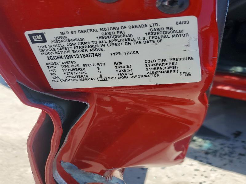 2003 Chevrolet Silverado მანქანა იყიდება აუქციონზე, vin: 2GCEK19N131346748, აუქციონის ნომერი: 53467446