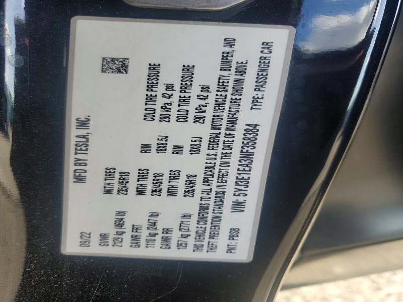 2022 Tesla Model 3 მანქანა იყიდება აუქციონზე, vin: 5YJ3E1EA3NF358384, აუქციონის ნომერი: 52268596