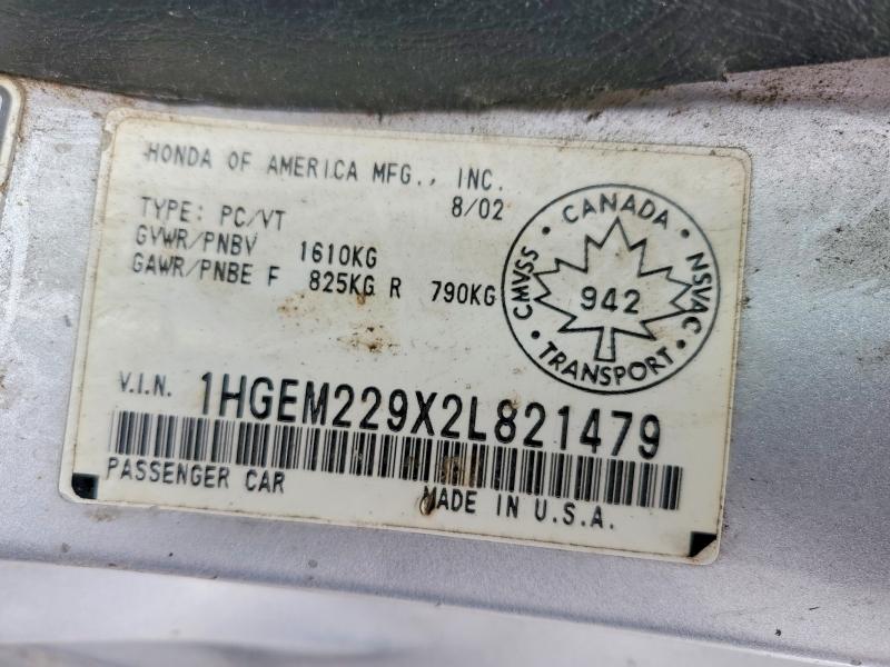 Aukcja sprzedaży 2002 Honda Civic, vin: 1HGEM229X2L821479, numer aukcji: 54878046