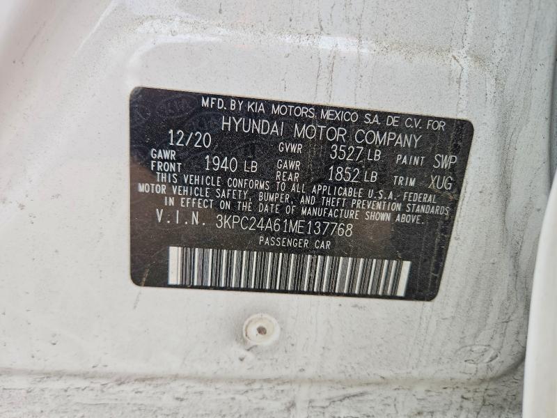2021 Hyundai Accent მანქანა იყიდება აუქციონზე, vin: 3KPC24A61ME137768, აუქციონის ნომერი: 54174086