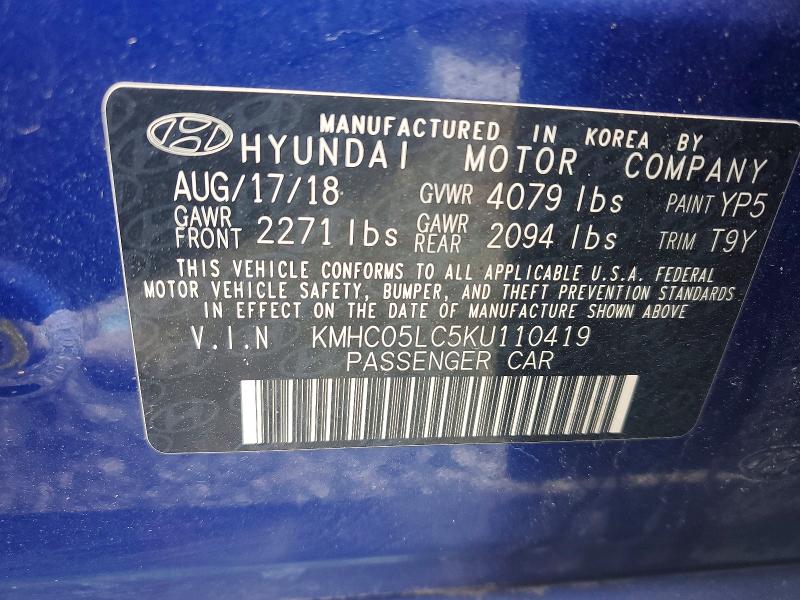 54777846 :رقم المزاد ، KMHC05LC5KU110419 vin ، 2019 Hyundai Ioniq مزاد بيع