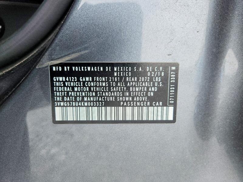 54130096 :رقم المزاد ، 3VWG57BU4KM003327 vin ، 2019 Volkswagen Jetta مزاد بيع