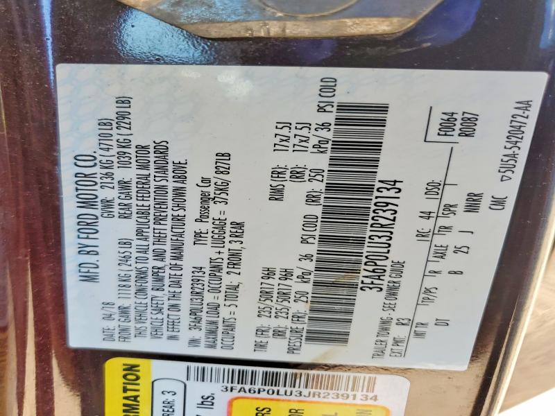 55506696 :رقم المزاد ، 3FA6P0LU3JR239134 vin ، 2018 Ford Fusion مزاد بيع