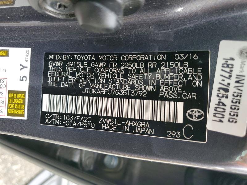 Продаж на аукціоні авто 2016 Toyota Prius, vin: JTDKARFU7G3513792, номер лоту: 55586436