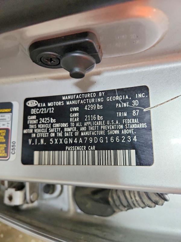 2013 Kia Optima მანქანა იყიდება აუქციონზე, vin: 5XXGN4A79DG166234, აუქციონის ნომერი: 54460746