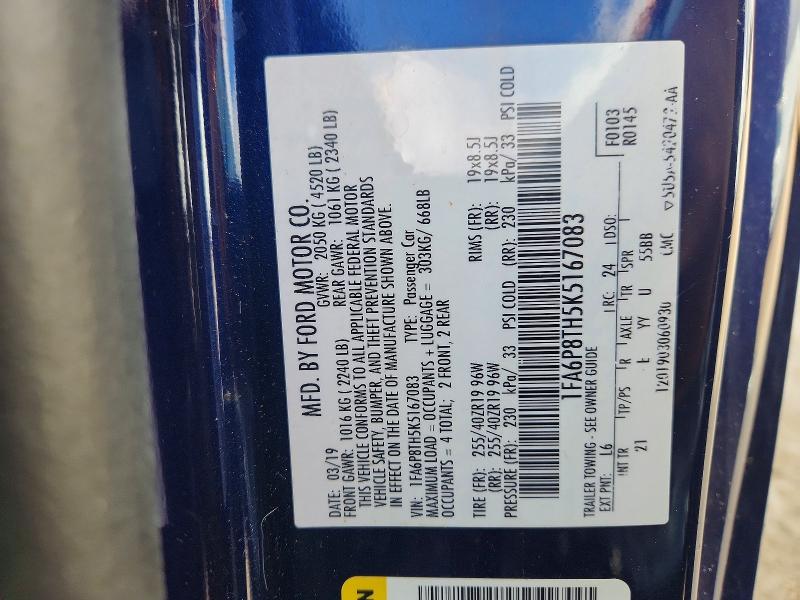 Продажа на аукционе авто 2019 Ford Mustang, vin: 1FA6P8TH5K5167083, номер лота: 53984406