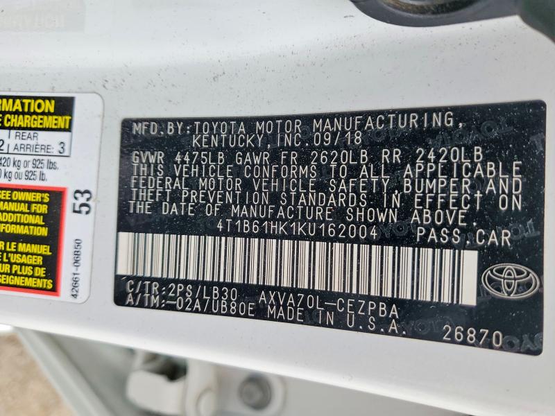 54399946 :رقم المزاد ، 4T1B61HK1KU162004 vin ، 2019 Toyota Camry مزاد بيع