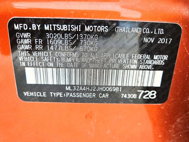 2018 Mitsubishi Mirage მანქანა იყიდება აუქციონზე, vin: ML32A4HJ2JH006981, აუქციონის ნომერი: 54993766