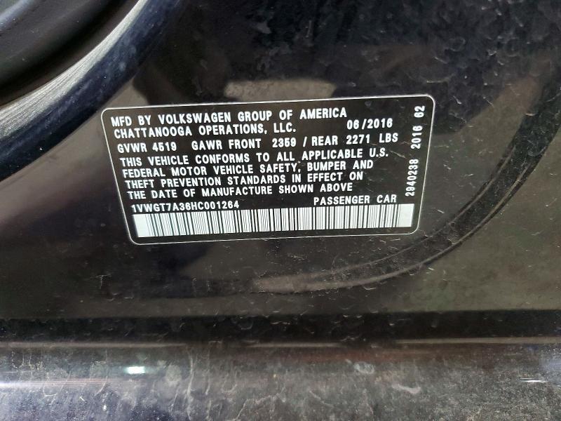 Aukcja sprzedaży 2017 Volkswagen Passat, vin: 1VWGT7A36HC001264, numer aukcji: 53436196