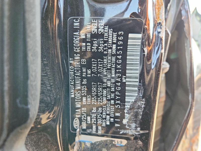 2019 Kia Sorento მანქანა იყიდება აუქციონზე, vin: 5XYPG4A31KG451963, აუქციონის ნომერი: 53296806