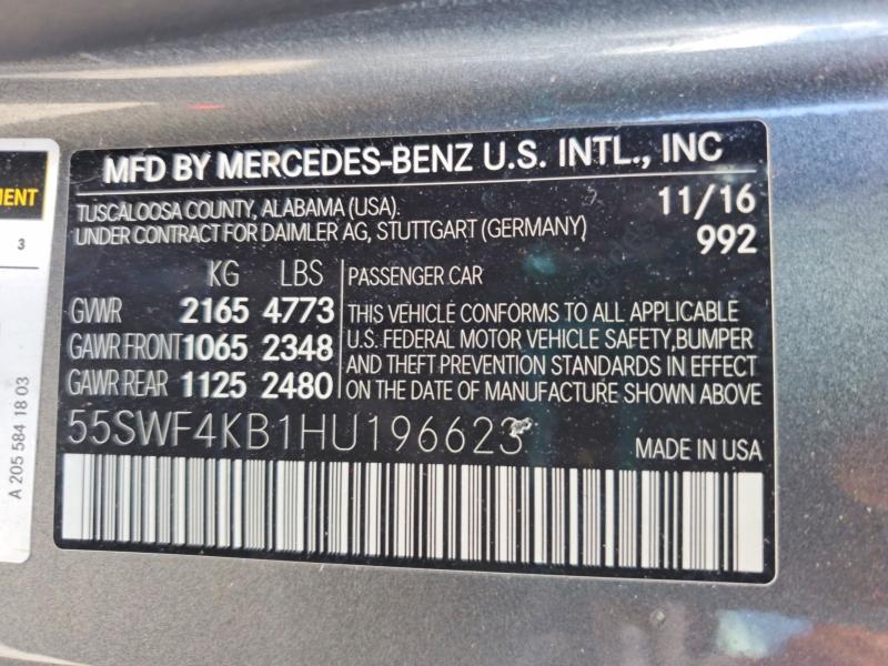 2017 Mercedes-benz C მანქანა იყიდება აუქციონზე, vin: 55SWF4KB1HU196623, აუქციონის ნომერი: 52273096